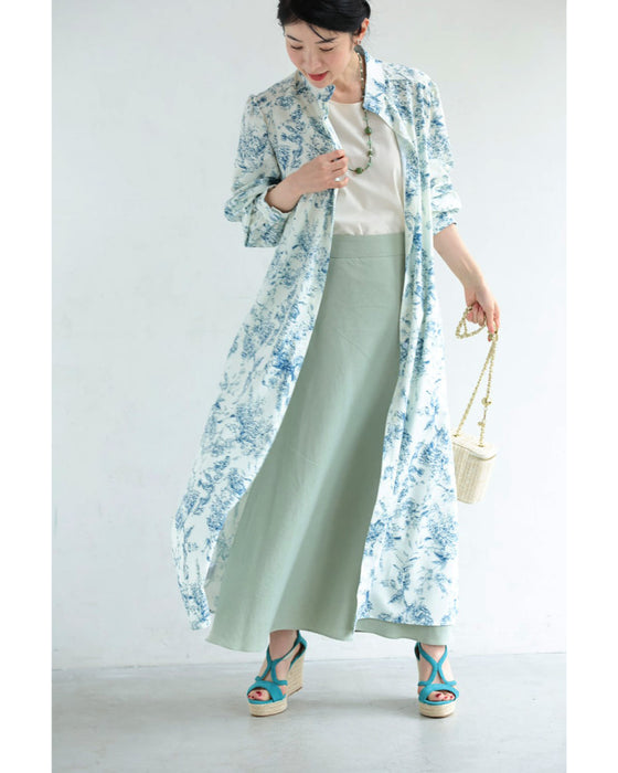風にそよぐ植物デッサン柄ロングワンピース