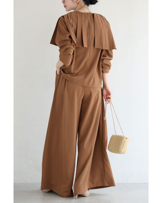 プリーツカラーブラウスとタックワイドパンツ2点セット【set】