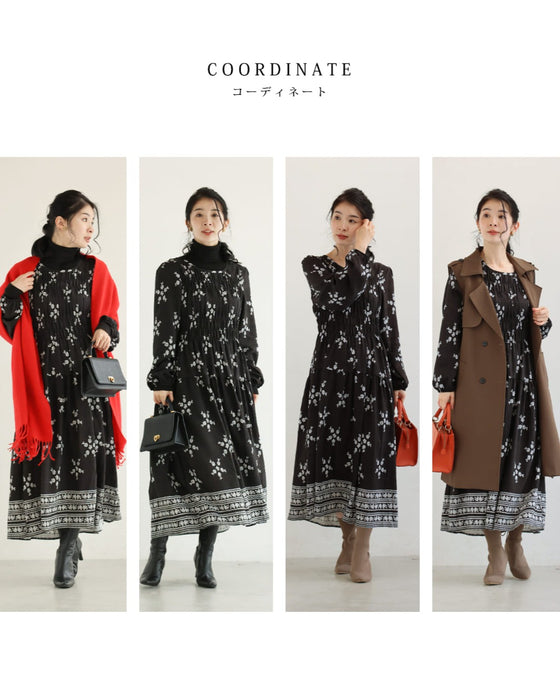 花と花を結ぶ胸元シャーリングミディアムワンピース