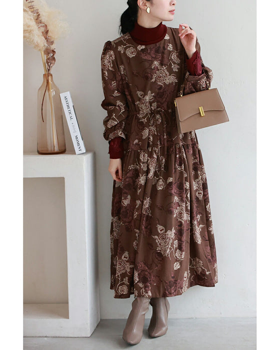 優雅なバラ描くショコラカラーミディアムワンピース