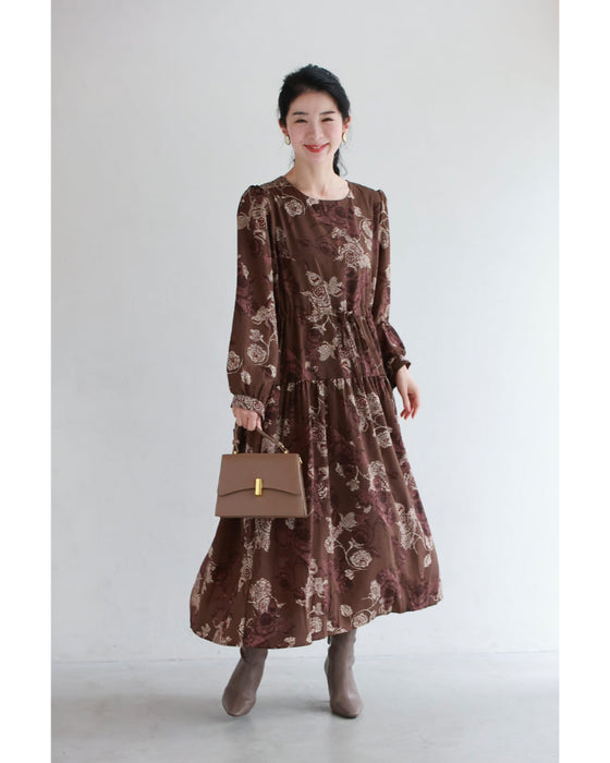 優雅なバラ描くショコラカラーミディアムワンピース