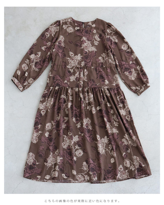優雅なバラ描くショコラカラーミディアムワンピース