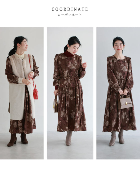 優雅なバラ描くショコラカラーミディアムワンピース