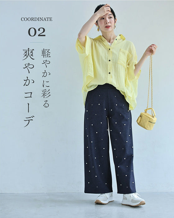 デニム風 もっちり柔らかパール付ワイドパンツ
