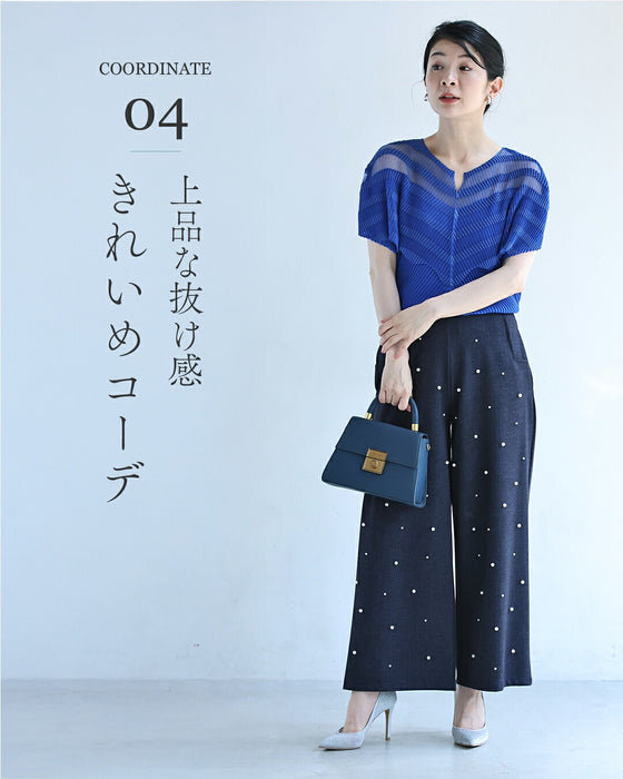デニム風 もっちり柔らかパール付ワイドパンツ