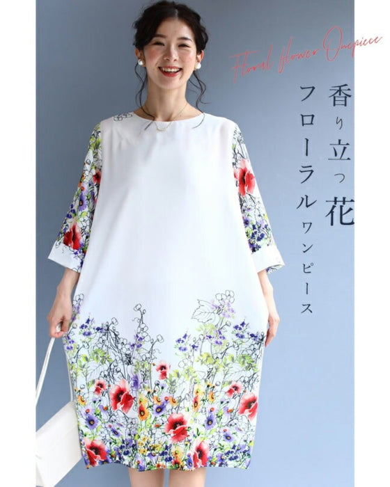 【アウトレット返品交換不可】香り立つような花々。フラワーガーデンミディアムワンピース