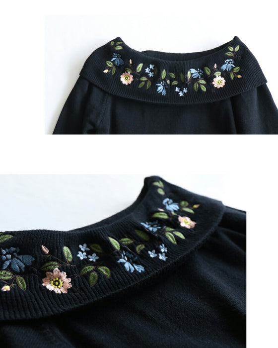 【アウトレット返品交換不可】ゆったりデコルテに咲いた花刺繍ニット