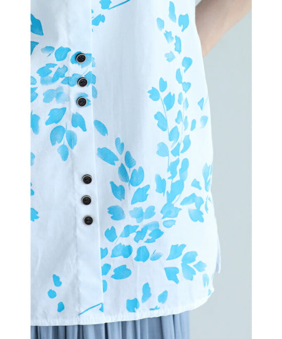 【アウトレット返品交換不可】青い花びら舞うシャツプルオーバートップス