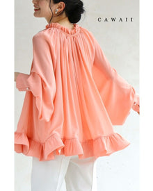  【アウトレット返品交換不可】花びらフリル裾シャーリングブラウストップス