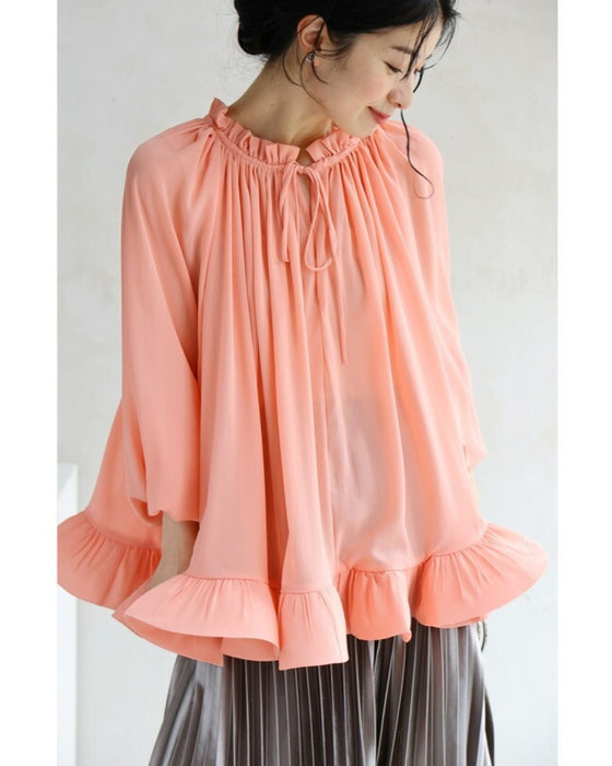 【アウトレット返品交換不可】花びらフリル裾シャーリングブラウストップス