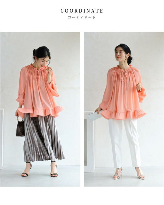 【アウトレット返品交換不可】花びらフリル裾シャーリングブラウストップス