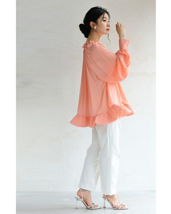 【アウトレット返品交換不可】花びらフリル裾シャーリングブラウストップス