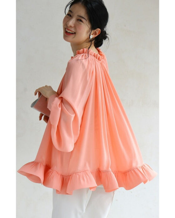 【アウトレット返品交換不可】花びらフリル裾シャーリングブラウストップス