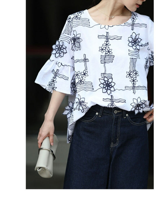 【アウトレット返品交換不可】優しく風に揺れる花が咲いたブラウス