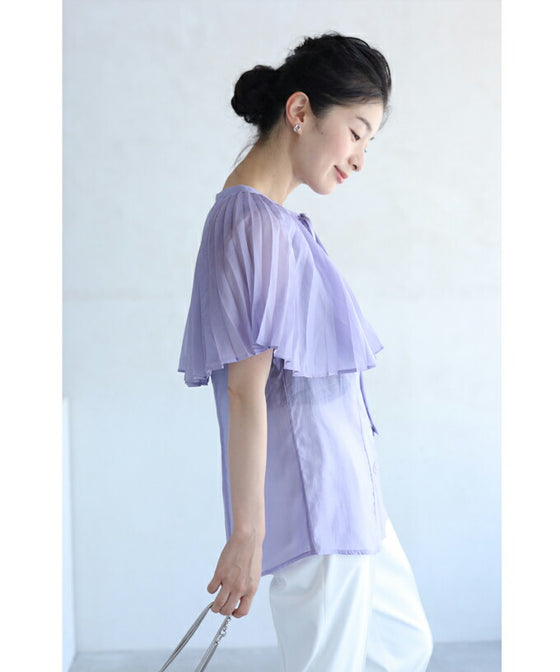 【アウトレット返品交換不可】囲むプリーツフレアのシアーブラウストップス