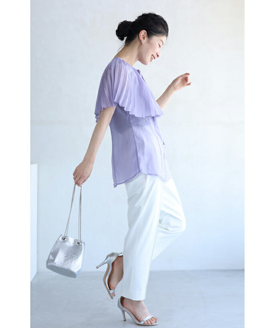 【アウトレット返品交換不可】囲むプリーツフレアのシアーブラウストップス