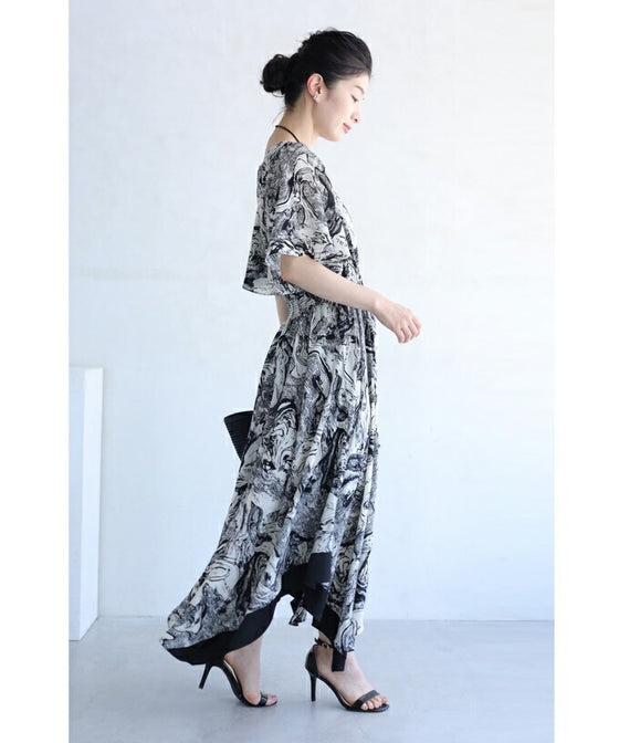 【アウトレット返品交換不可】ゆらゆら揺らめく墨流し柄ロングワンピース