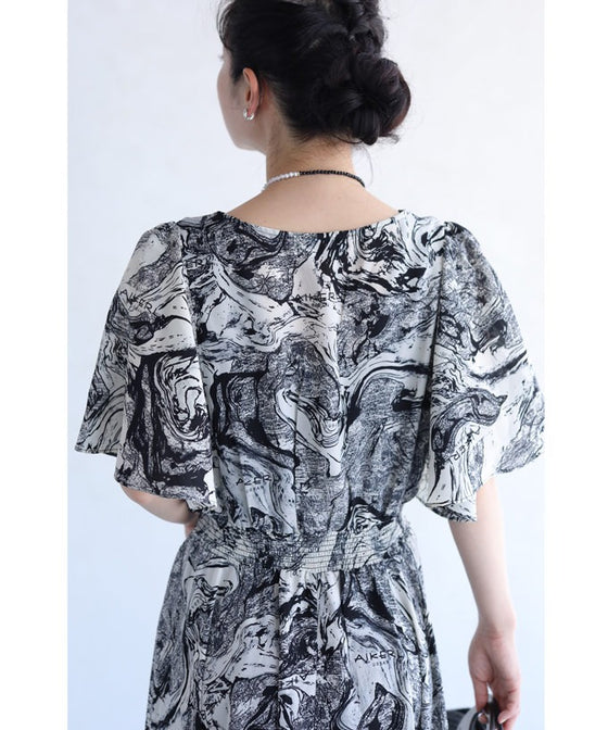 【アウトレット返品交換不可】ゆらゆら揺らめく墨流し柄ロングワンピース