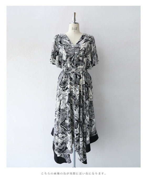 【アウトレット返品交換不可】ゆらゆら揺らめく墨流し柄ロングワンピース
