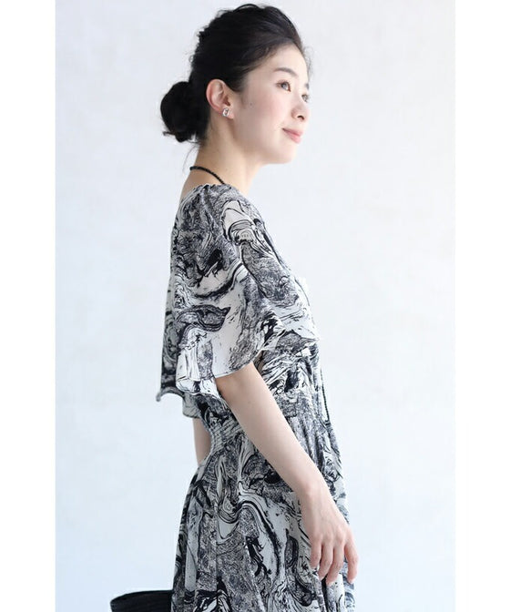 【アウトレット返品交換不可】ゆらゆら揺らめく墨流し柄ロングワンピース