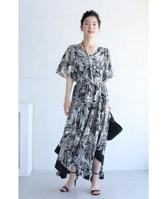 【アウトレット返品交換不可】ゆらゆら揺らめく墨流し柄ロングワンピース