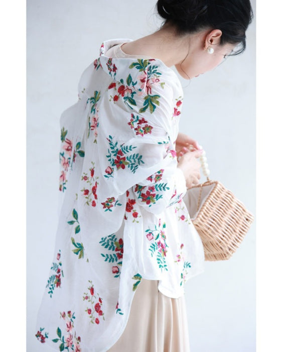 【アウトレット返品交換不可】アンティーク風ビジューボタンの花刺繍シャツトップス