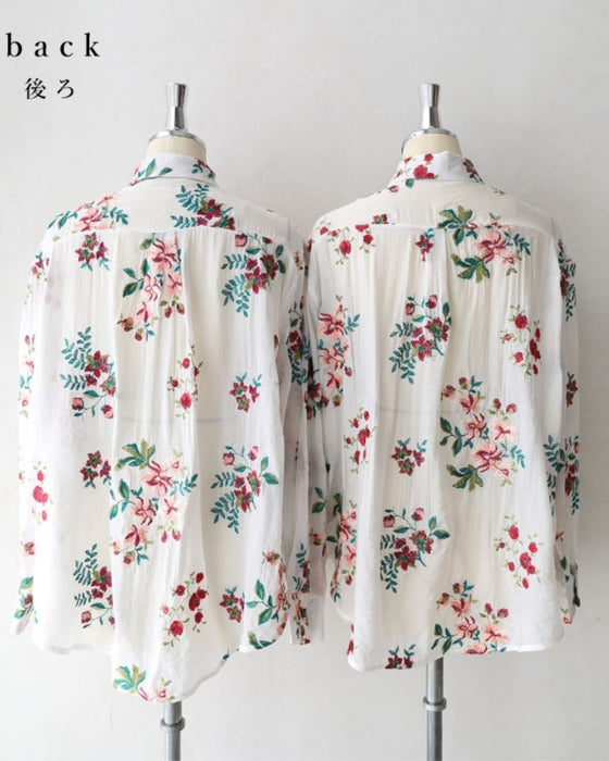 【アウトレット返品交換不可】アンティーク風ビジューボタンの花刺繍シャツトップス