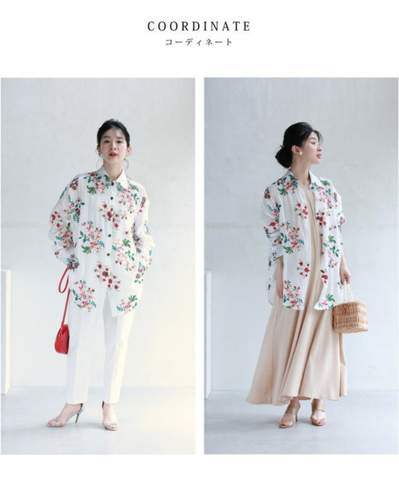 【アウトレット返品交換不可】アンティーク風ビジューボタンの花刺繍シャツトップス