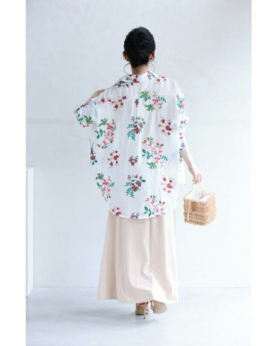 【アウトレット返品交換不可】アンティーク風ビジューボタンの花刺繍シャツトップス