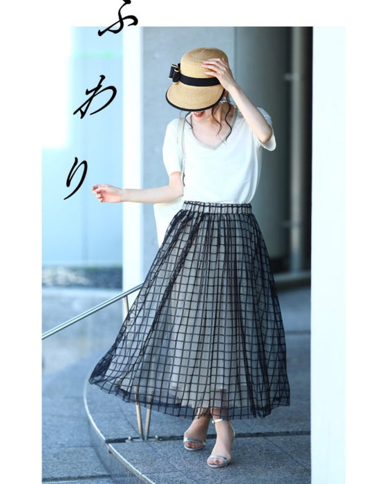 【アウトレット返品交換不可】格子チェックのふわり重なるチュールミディアムスカート黒ステンドガラススカート