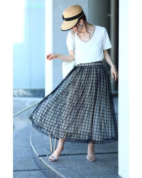 【アウトレット返品交換不可】格子チェックのふわり重なるチュールミディアムスカート黒ステンドガラススカート