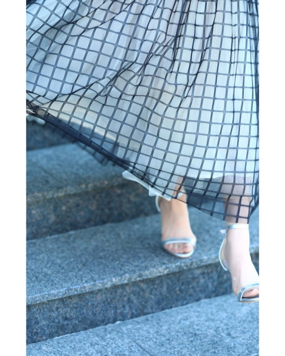 【アウトレット返品交換不可】格子チェックのふわり重なるチュールミディアムスカート黒ステンドガラススカート