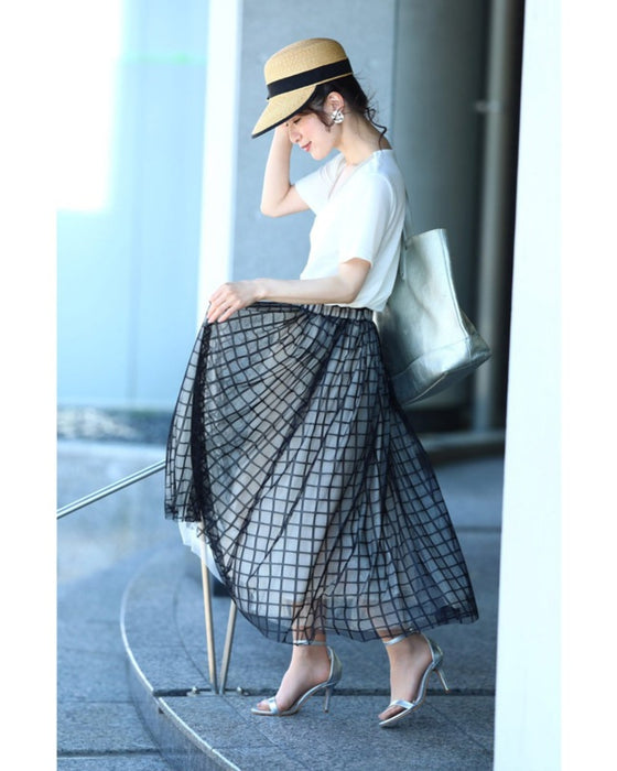 【アウトレット返品交換不可】格子チェックのふわり重なるチュールミディアムスカート黒ステンドガラススカート
