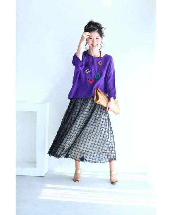 【アウトレット返品交換不可】格子チェックのふわり重なるチュールミディアムスカート黒ステンドガラススカート