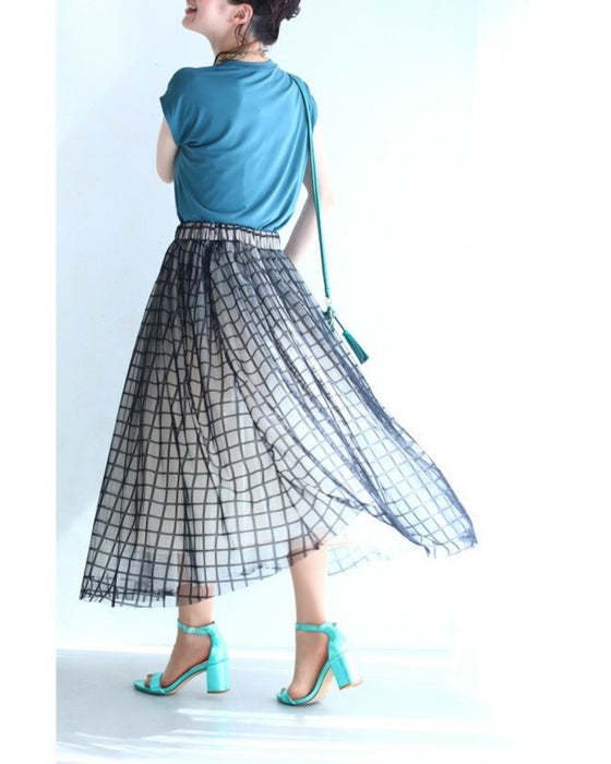 【アウトレット返品交換不可】格子チェックのふわり重なるチュールミディアムスカート黒ステンドガラススカート