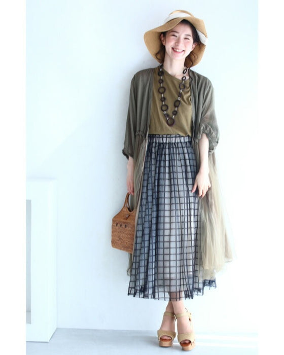 【アウトレット返品交換不可】格子チェックのふわり重なるチュールミディアムスカート黒ステンドガラススカート