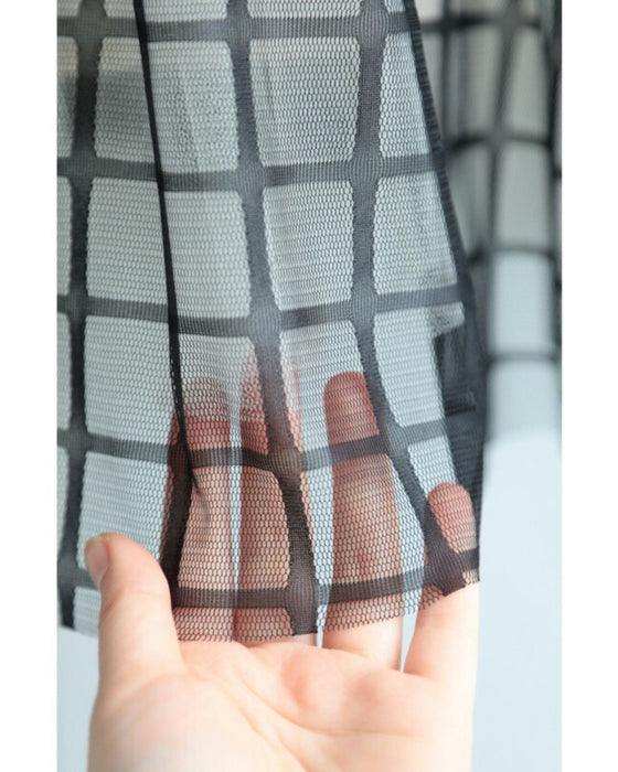 【アウトレット返品交換不可】格子チェックのふわり重なるチュールミディアムスカート黒ステンドガラススカート