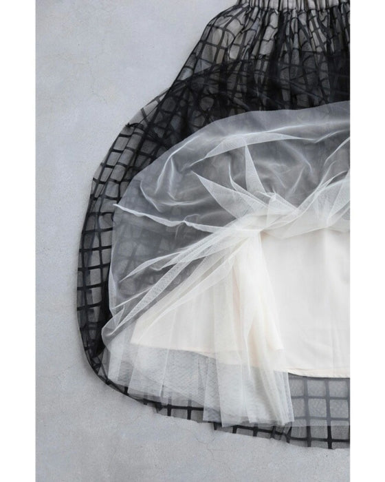 【アウトレット返品交換不可】格子チェックのふわり重なるチュールミディアムスカート黒ステンドガラススカート