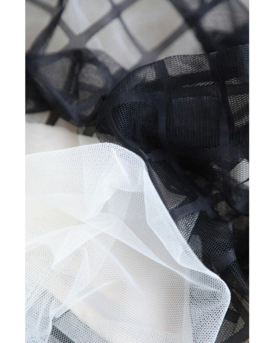 【アウトレット返品交換不可】格子チェックのふわり重なるチュールミディアムスカート黒ステンドガラススカート