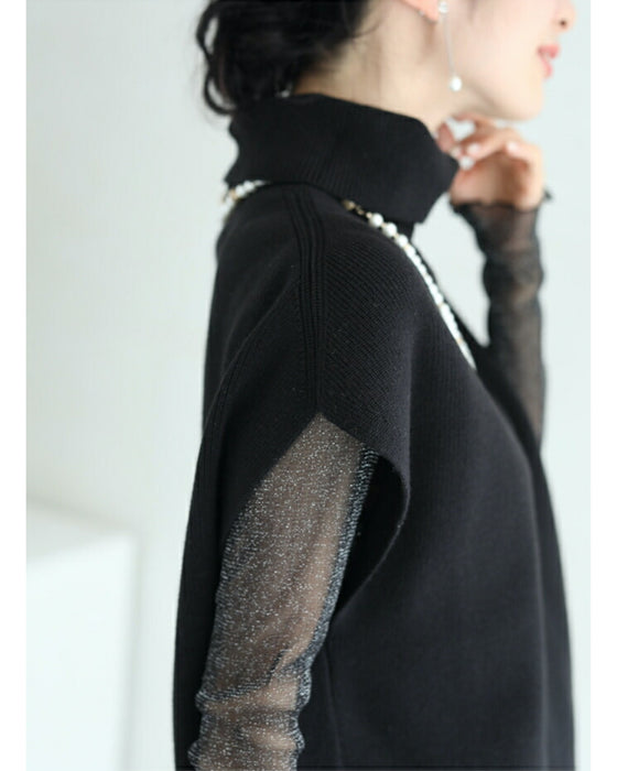 (ブラック)重ね着で二の腕帳消し。2点セットのニットトップス