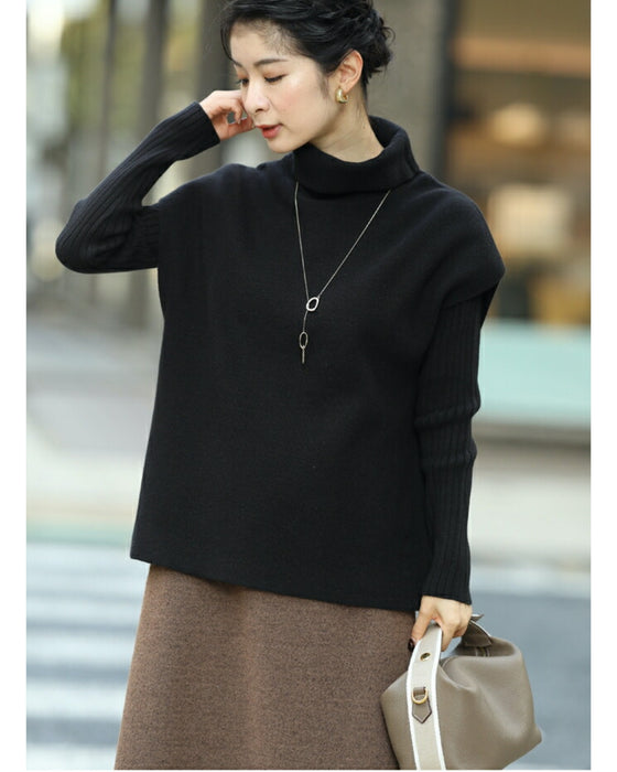 (ブラック)重ね着で二の腕帳消し。2点セットのニットトップス