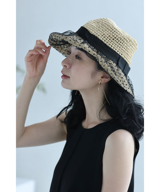 ドットチュールベールの麦わら風ハット