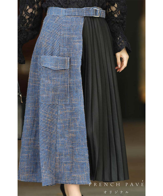 [Sale items cannot be returned or exchanged] Elegant pleated skirt with tweed check