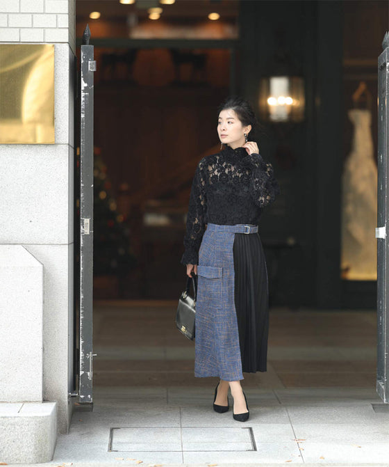 [Sale items cannot be returned or exchanged] Elegant pleated skirt with tweed check
