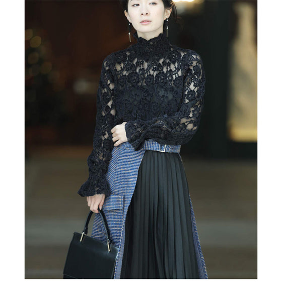 [Sale items cannot be returned or exchanged] Elegant pleated skirt with tweed check