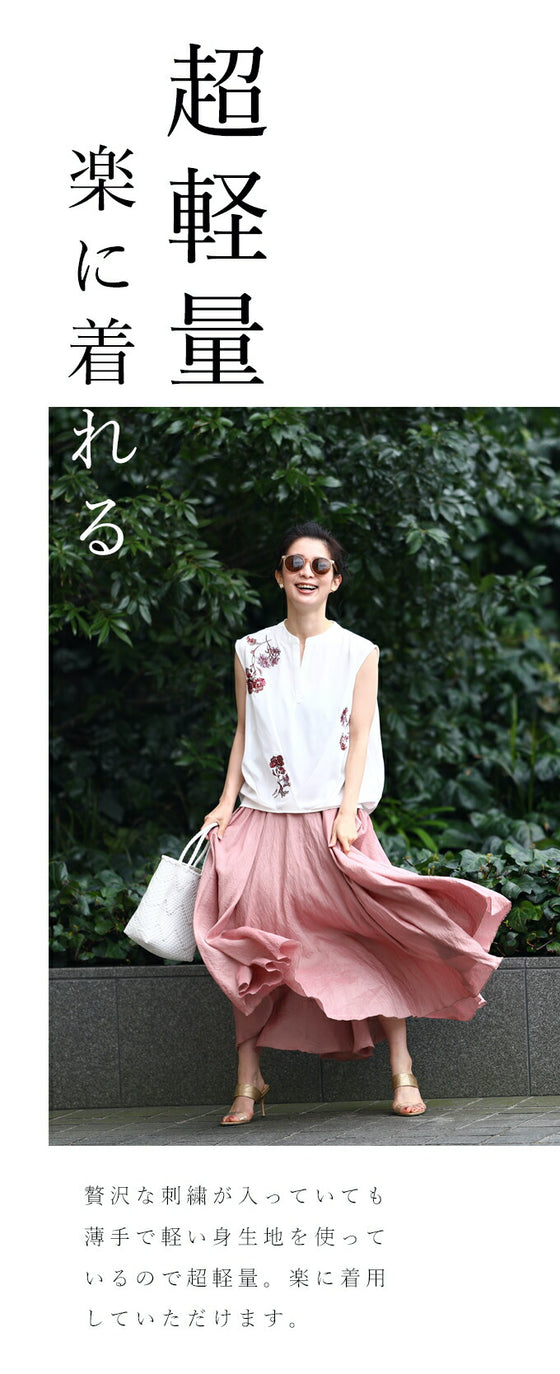 【セール商品返品交換不可】（S~ML~2L対応）紅い花刺繍のウエストタックブラウストップス