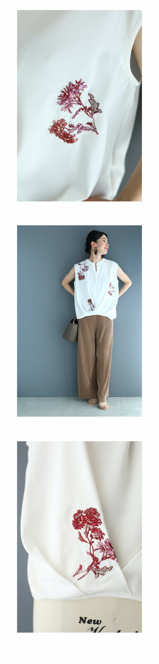 【セール商品返品交換不可】（S~ML~2L対応）紅い花刺繍のウエストタックブラウストップス