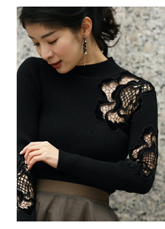 お出かけ用。花カットレースの格上げリブニットニットトップス