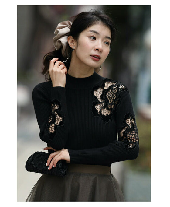 お出かけ用。花カットレースの格上げリブニットニットトップス