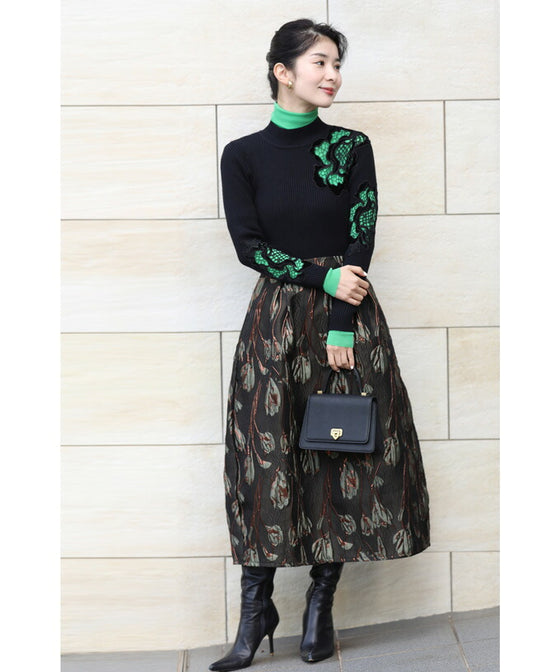 お出かけ用。花カットレースの格上げリブニットニットトップス